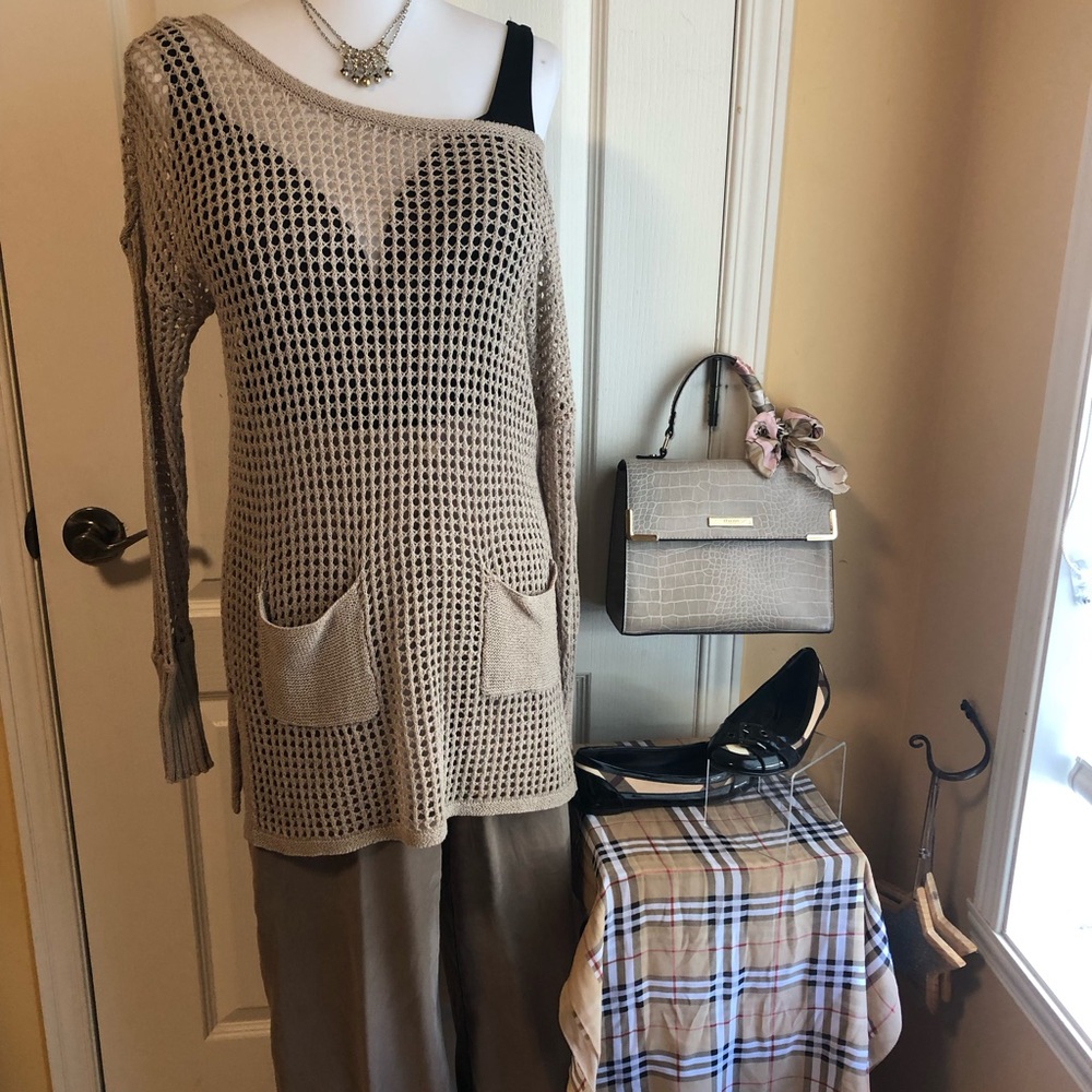 Taupe/Tan Open-Knit Sweater /tunic pockets